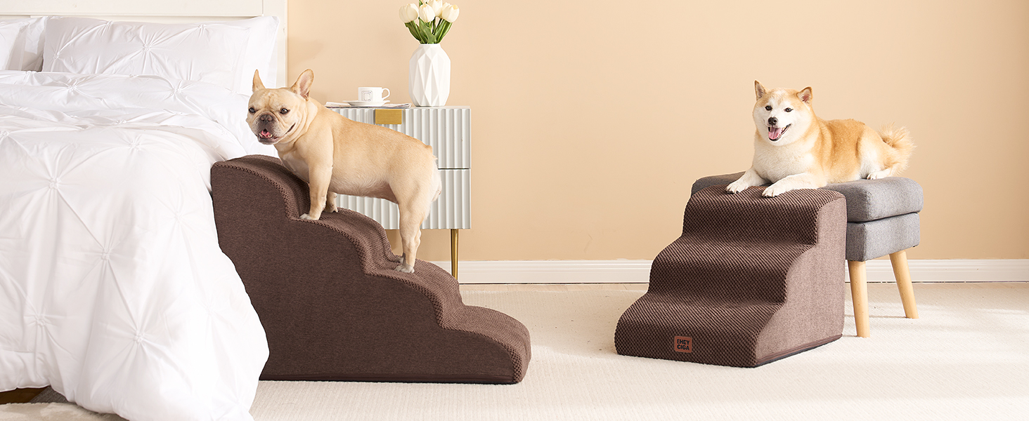 Сходинки для собак EHEYCIGA – 50 см, для маленьких собак, на диван/ліжко, з високощільним губчастим матеріалом, знімний та миючий чохол, протиковзне покриття, 4 сходинки, сірий колір (40 x 50 x 30 см, коричневий)