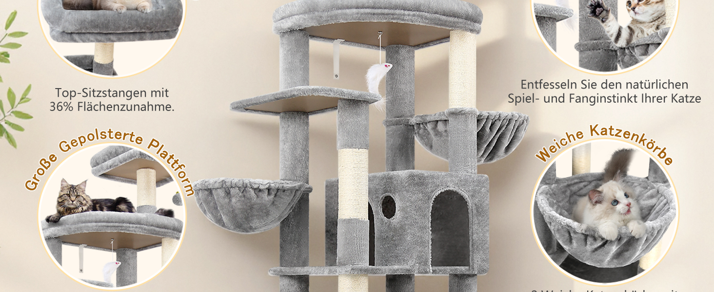 Драбина для котів Globlazer XXL 193 см з будиночком, гамаком, платформами та іграшками. Стабільна для 3-5 котів. Сірий колір.