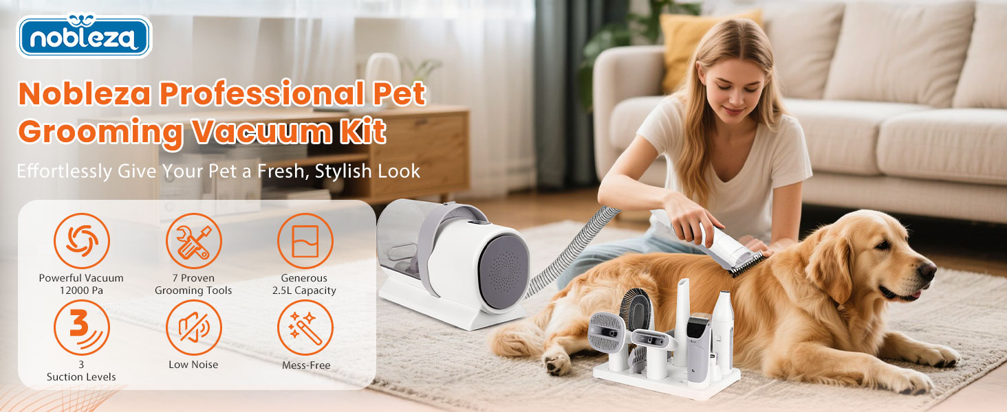 Машинка для стрижки собак Nobleza з пилососом, потужність 12000 Па, видаляє 99.99% шерсті, тиха, для собак та котів, 7 насадок, об'єм контейнера 2.5 л