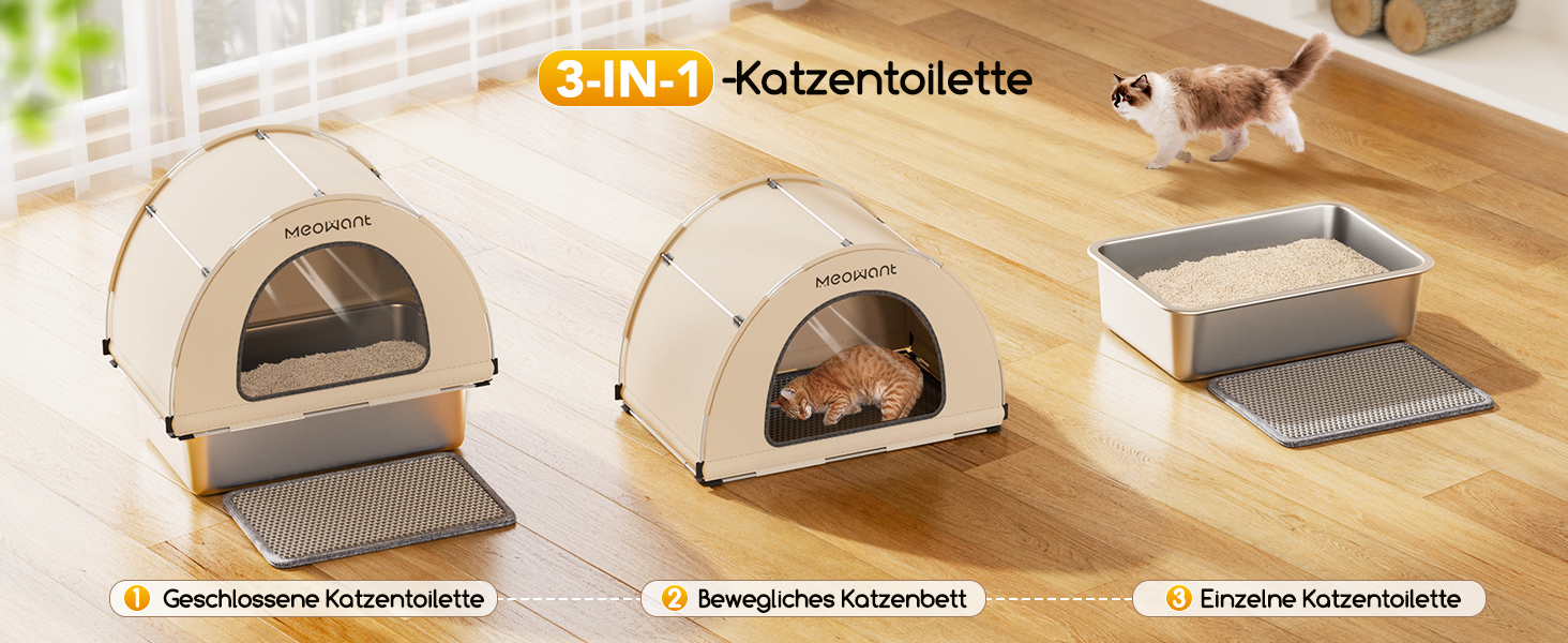Лоток для котів MeoWant з нержавіючої сталі, великий, з дахом, герметичний, антибактеріальний, легко миється, білий