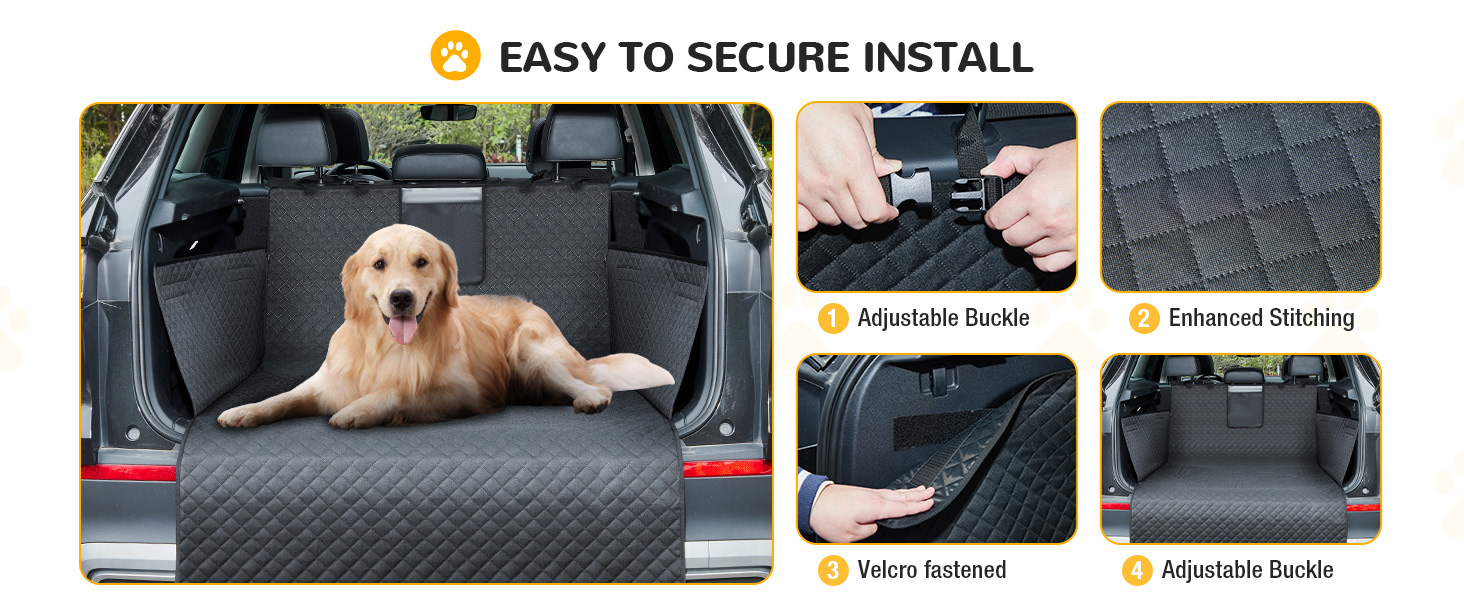 Захист для багажника автомобіля для собак: водовідштовхуючий і стійкий до подряпин килимок з захистом бокових панелей та краю багажника. Легкий у догляді та міцний.