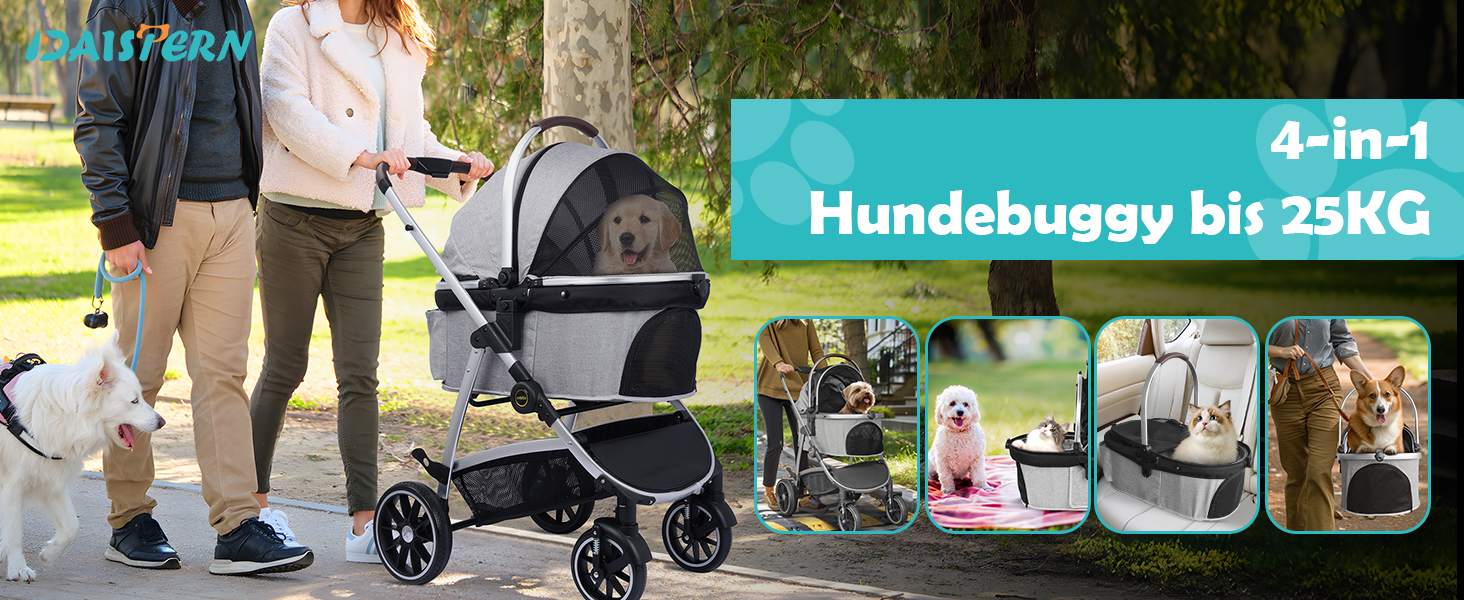 Візок для собак DAISTERN, складаний, до 25 кг, сірий. Легкий алюмінієвий каркас, поворотне EVA-колесо з амортизатором та гальмом, 4-в-1 для прогулянок, міста та ветеринара.