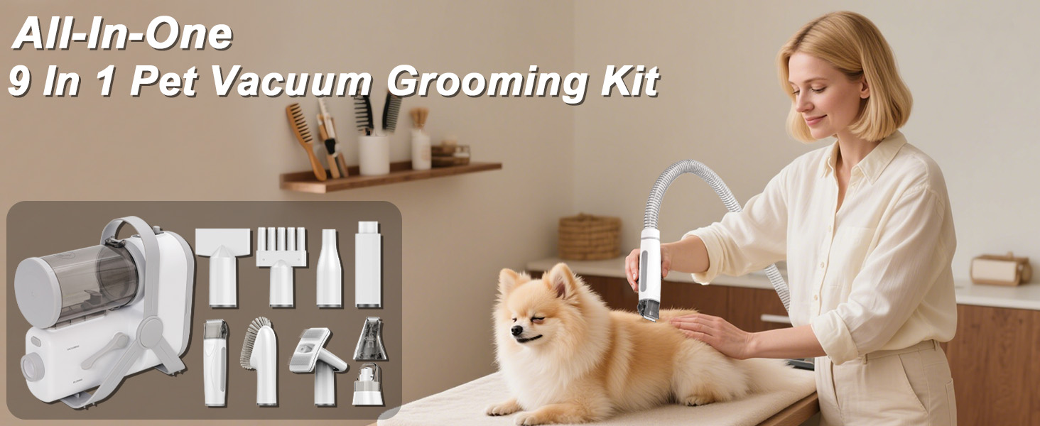 Машина для стрижки собак з пилососом, тиха, для собак та котів. Комплект з 10 інструментів для догляду, контейнер для сміття 2.0 л