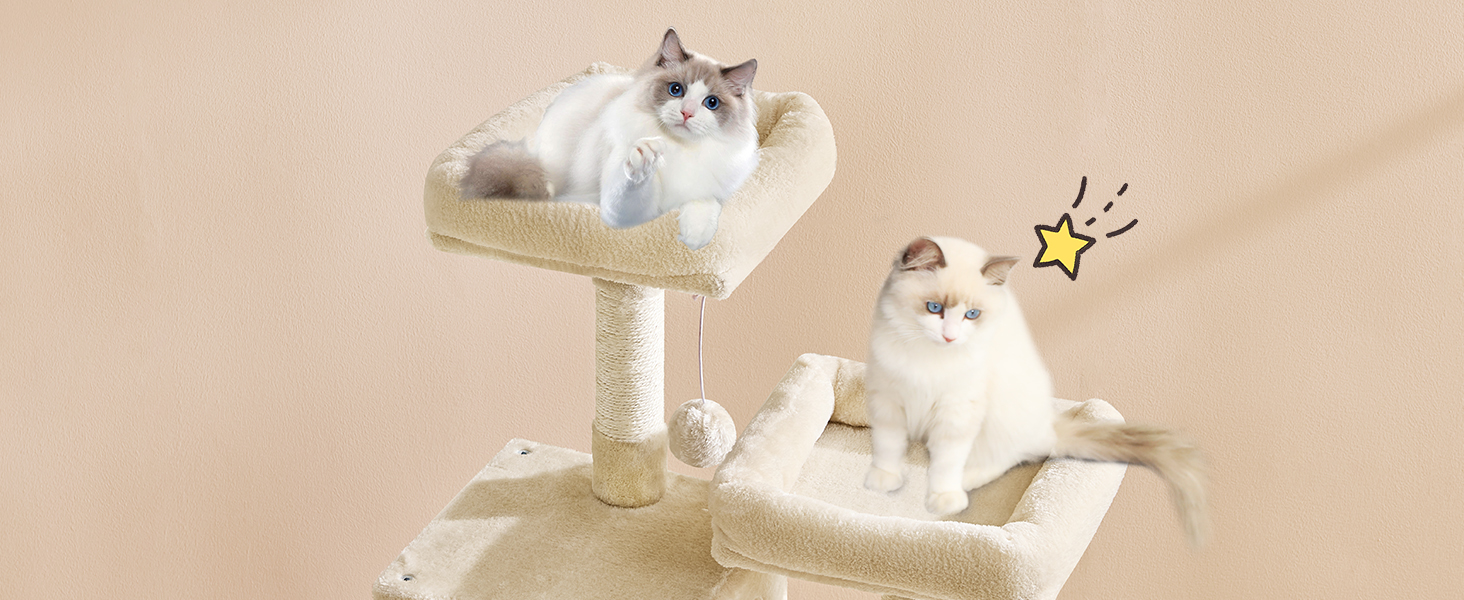 Кігтеточка для котів MSmask велика, стабільна, багатоярусна з 2 платформами, 2 будиночками, гамаком та сизалевими стовпчиками (Бежевий, 160 см)