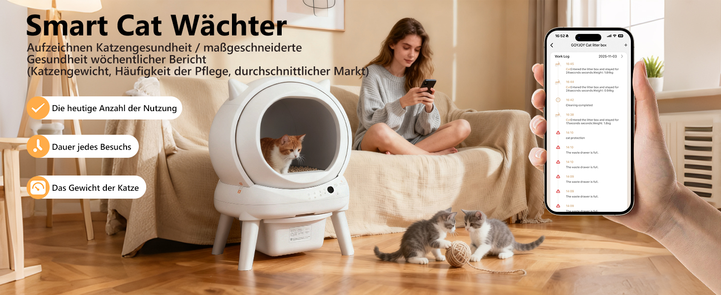 Автоматичний лоток для котів Katzenklo Selbstreinigend 73L з додатком, датчиками безпеки, захистом від запаху та моніторингом здоров'я. Підходить для кількох котів. Коврик для котячого туалету в комплекті. Колір: сірий.