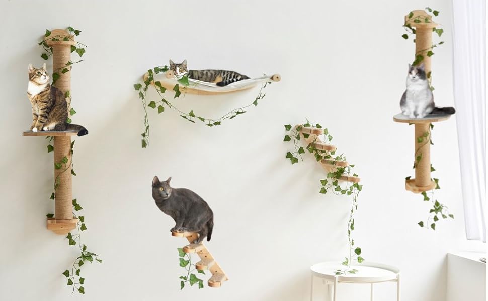 Сходинка для котів TREKAM - дерев'яна драбина для котів на стіну з джутового мотузка та декоративним листям. Міцна, елегантна та функціональна.