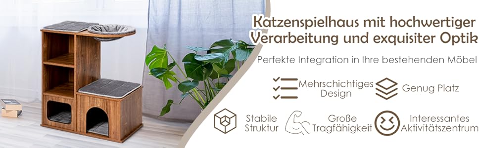 Котячий будиночок GYMAX з когтеточкою 81 см: дерев'яні меблі для котів з когтеточкою, лежаками, гамаком та 2 печерами, до 20 кг