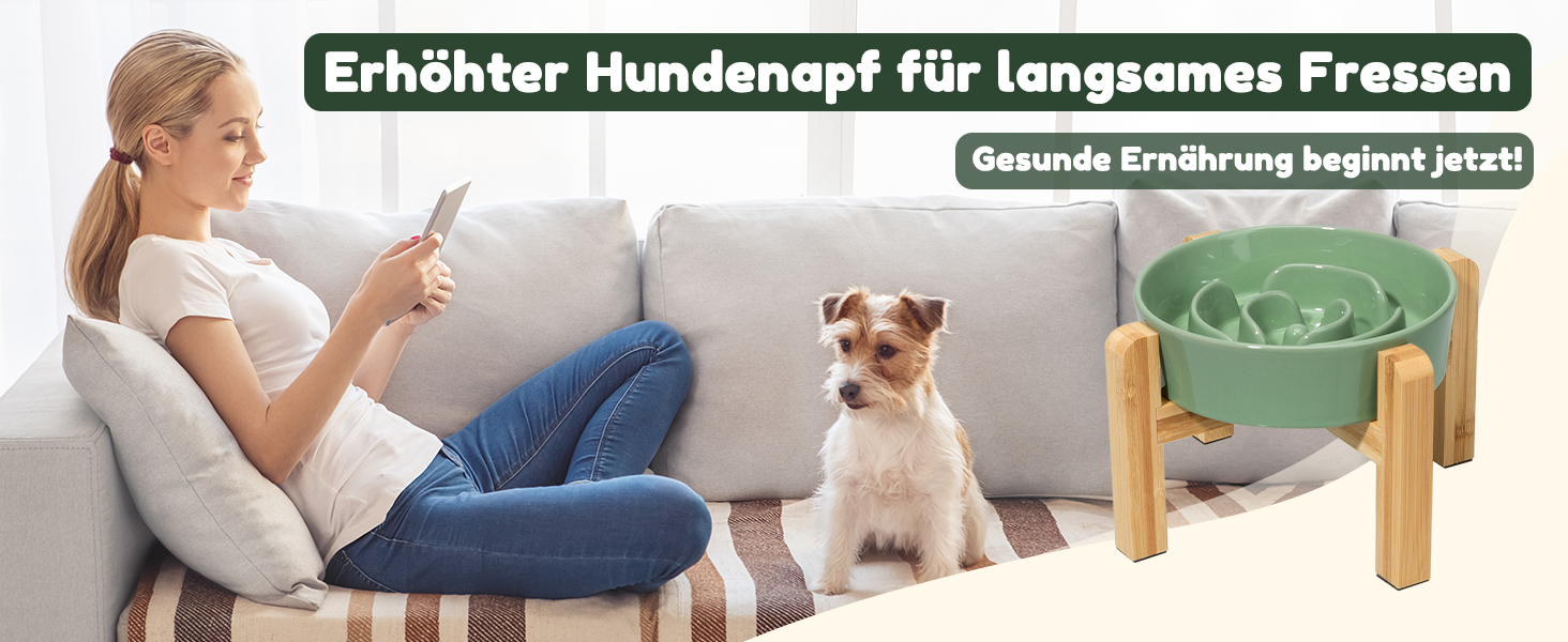 Миска для собак Antischlingnapf Keramik Erhöшена - керамічна миска для собак на бамбуковому підставці - миска для повільного годування - для маленьких та середніх собак - біла - діаметр 17 см