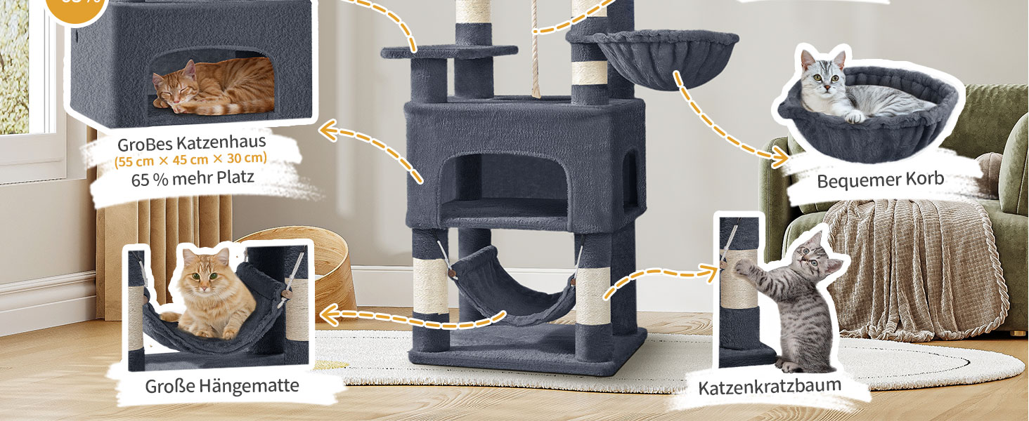 Кігтеточка для котів Hzuaneri 176 см, XL, 3 платформи, 2 печери, 7 стовпчиків, гамак, плюшеві кульки, для багатокотових сімей, темно-сірий MS17618SG