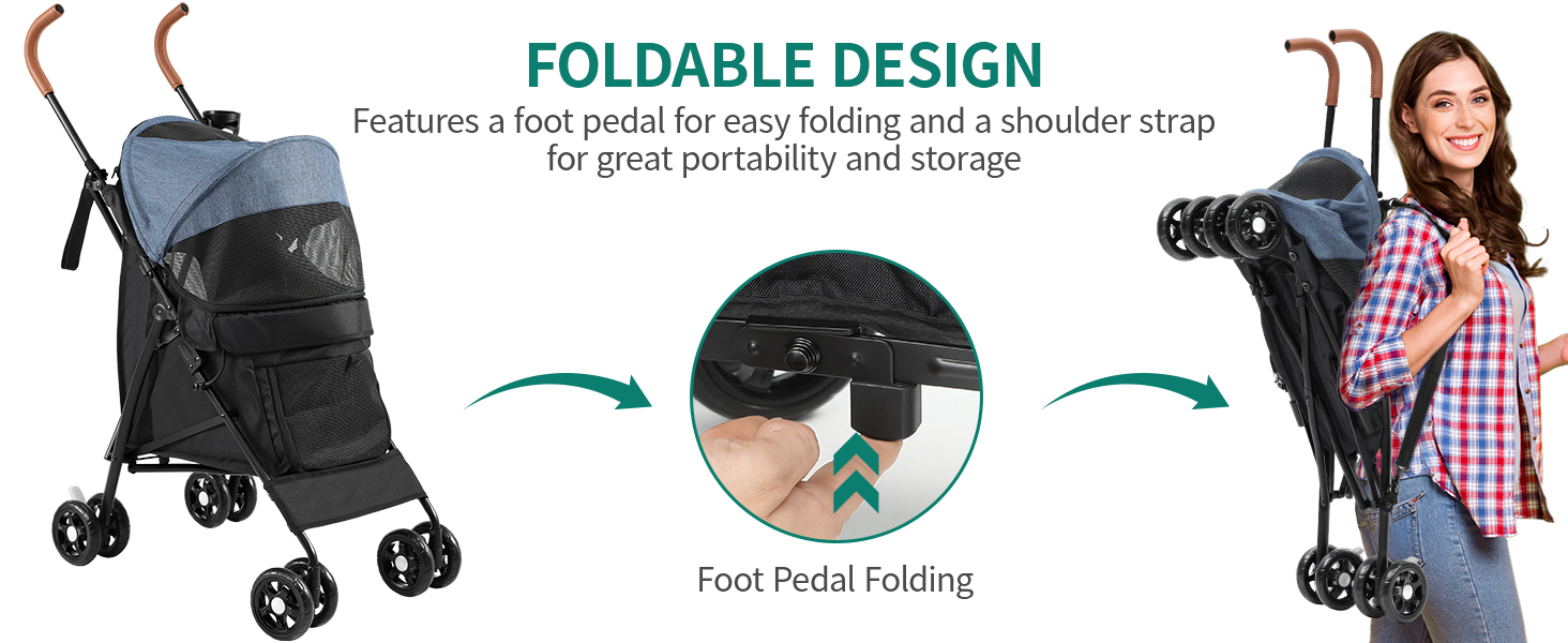 Візок для собак та котів YITAHOME 11,3 кг, складаний, з кошиком, сіткою, тримачем для напоїв, поворотні EVA колеса, дверцята (Синьо-чорний)