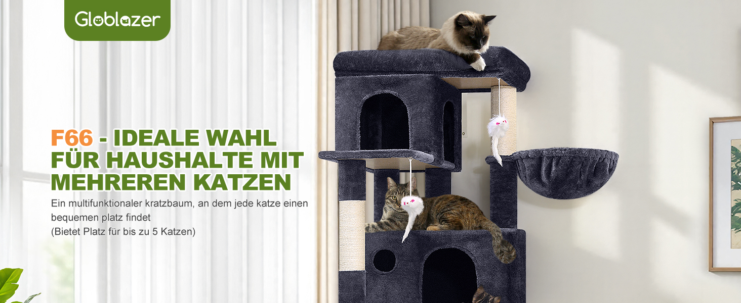 Драбина-кіготь Globlazer для котів, 168 см, з 3 будиночками, великою платформою, 5 стовпчиками з сизалю, кошиком та іграшками. Підходить для 3-4 дорослих котів (F66, темно-сірий)