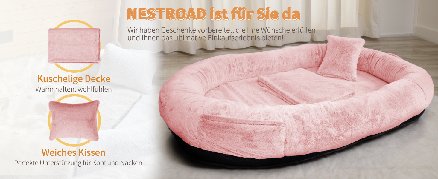 Ліжко для собак та людей NESTROAD, 180x114x35 см, рожеве. Зручне ліжко-мішок з штучним хутром, ковдрою та подушкою.