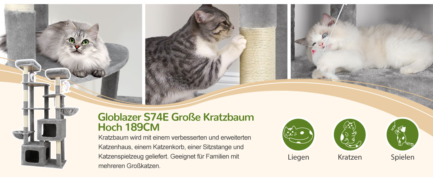 Драбина для котів Globlazer XXL, 189 см, сірий, з великою печерею та платформами