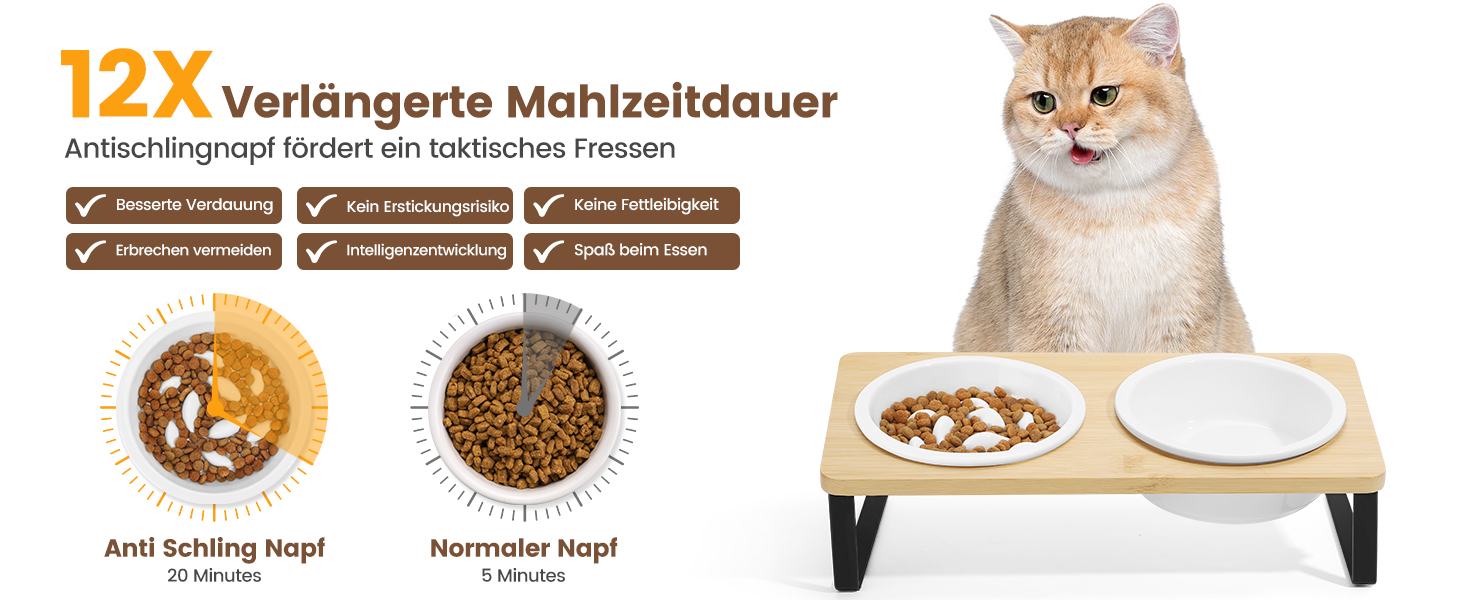 Набір мисок для котів PETTOM Anti-Schling з кераміки: піднята миска з нахилом 15°, бамбукова підставка, протиковзаюча, для вологого та сухого корму