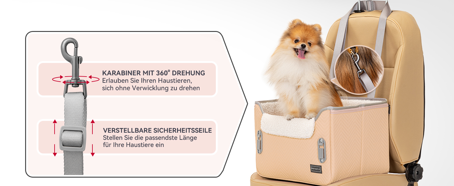 Автокрісло для собак Petsfit - стабільне та безпечне автокрісло для маленьких собак, з кріпленням для ременів безпеки, автопідстилка з плюшевим килимком, шкіра, хакі