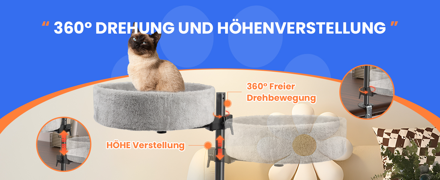 BSWAY ліжко для кота на стіл - без свердління, 360° обертання, регульована висота. Підвищене котяче ліжко над столом. Тримає кошеня/кота близько, робочий простір чистий. Ліжко для кота на стіл (Сірий, XL). Сірий XL