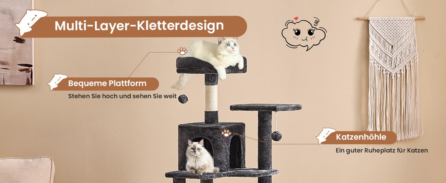 Кігтеточка для котів MSmask велика, 150 см, сіра, з 2 платформами, 2 будиночками, гамаком та сизалевими стовпчиками