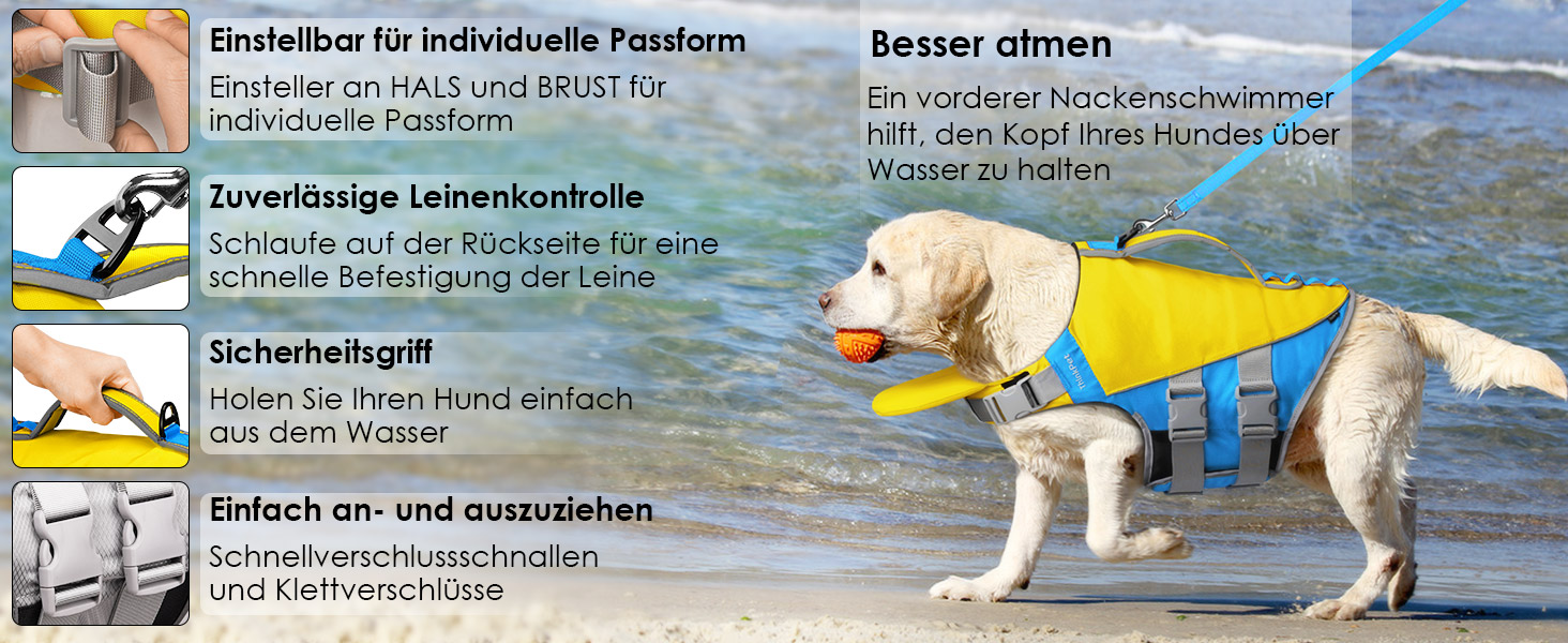 ThinkPet Жилет рятувальний для собак, світловідбиваючий, з регулюванням, для плавання (Жовто-блакитний, L)