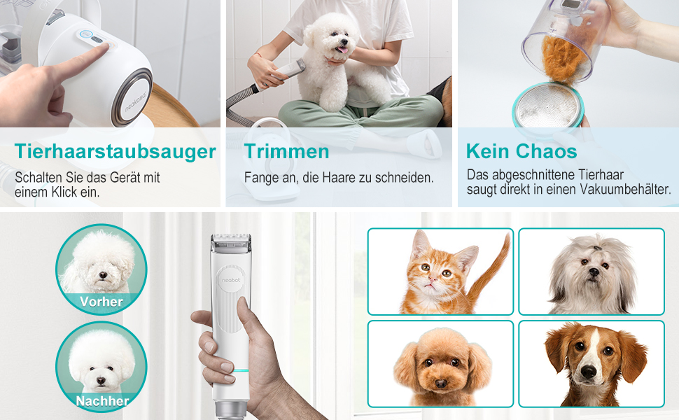 Машинка для стрижки собак Neakasa P1 Pro з пилососом, тиха машинка для собак та котів, професійний набір для грумінгу домашніх тварин, електричний триммер для собак з 5 аксесуарами, білий
