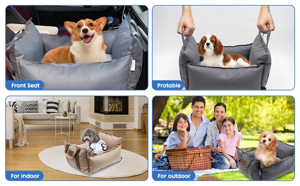 Автокрісло для собак 2-в-1 з ременем безпеки, автокрісло та ліжко для собак, знімний килимок та чохол, миється, для собак маленьких та середніх порід, сірий & блакитний