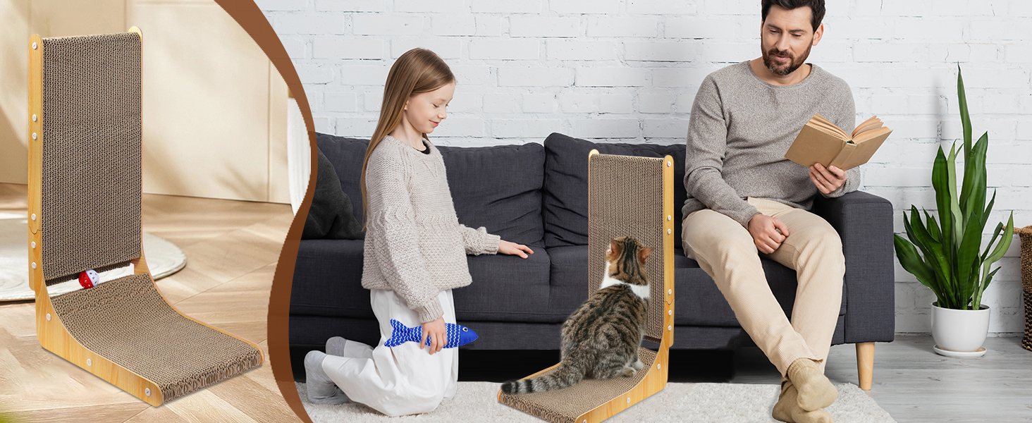 Котяча дряпка L-подібної форми, 68 см, з дзвіночком, рибкою та мишкою, з якісного картону, для стін, задовольняє природну потребу в дряпанні, XXL