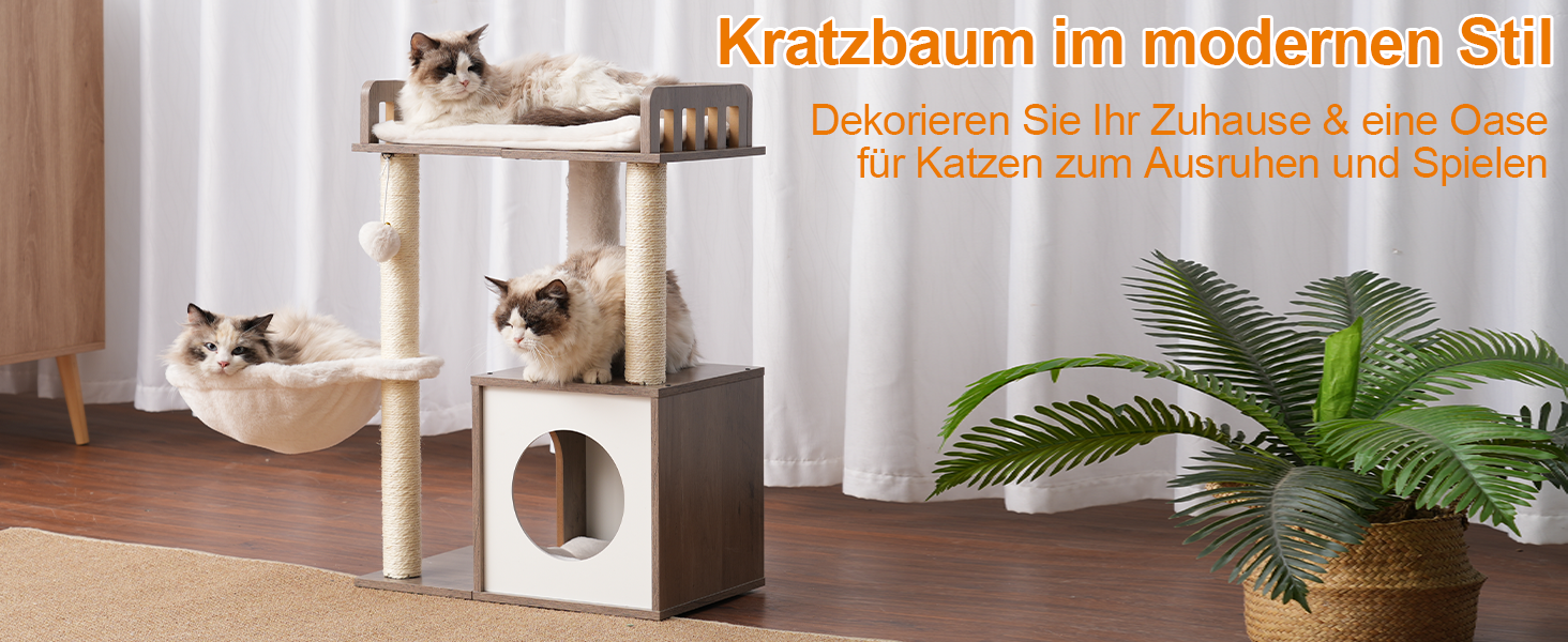 Дряпка для котів Heybly з платформою 30x50 см, когтеточка з будиночком та сизалевими стовпчиками, стабільна та безпечна для кошенят та середніх котів, колір: сіро-коричневий HCT007SSR (Greige)