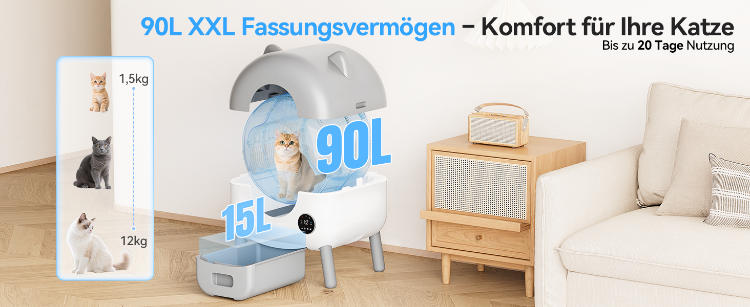 Автоматичний лоток для котів Katzenklo з самоочищенням, велика ємність 90л+15л, панель керування, керування через додаток, AI-моніторинг здоров'я кота, XXL