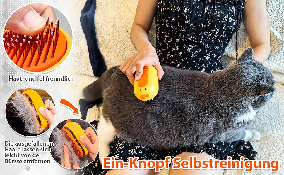 Парфумерна щітка для котів з розпилювачем, 4-в-1: видалення шерсті, масаж, розпилення, самоочищення, водонепроникна (IPX7), білий колір з жовтим руків'ям