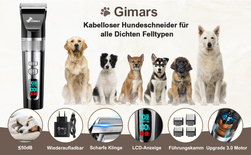 Гімрас 6-в-1 професійна машинка для стрижки собак з набором ножиць, 7000 об/хв, тиха, акумуляторна, для густого хутра, 4-в-1 триммер для лап, срібна