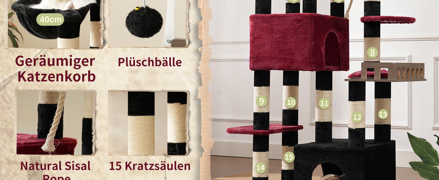 Котячий будиночок Kratzbaum: великий, з гамаком, 2 печери, 15 стовпчиків для дряпання (174см, чорний та червоний)