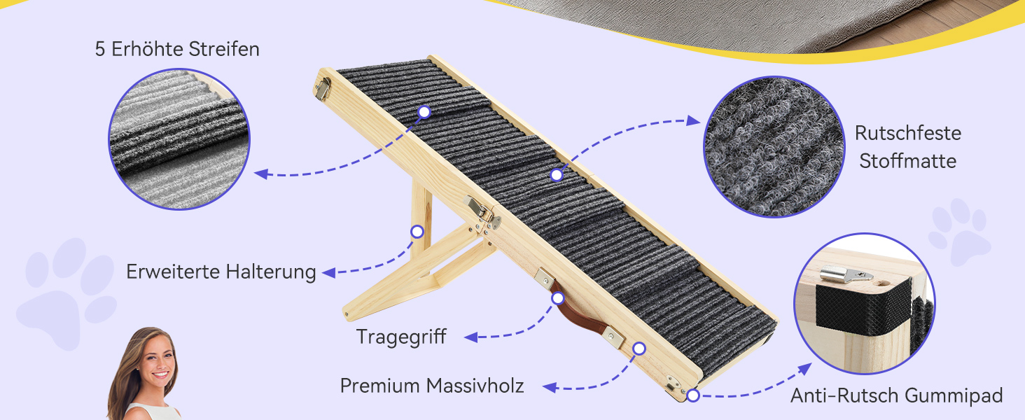 Рампа для собак Pawaboo, дерев'яна, 4 положення висоти, 13,6'-21', для маленьких собак та котів, з антиковзним покриттям, для ліжка/дивану, горіх, 80x30 см