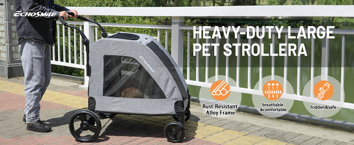 Візок для собак EchoSmile для середніх та великих собак до 70 кг, сірий, складний, з сітчастими віконцями та регульованою ручкою, 4 проходимі колеса
