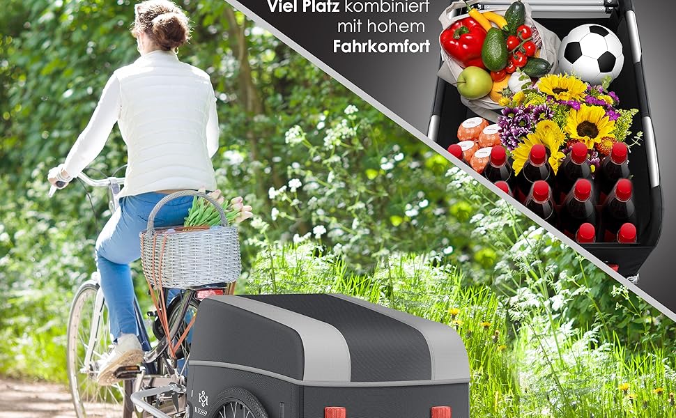 Причіп для велосипеда KESSER® вантажний, 120 літрів, сірий/чорний, з дахом та складною високою тягою