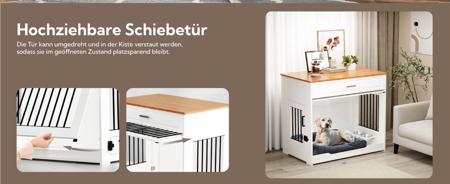 DAWNYIELD Клітка для собак, меблі для тварин, дерев'яний вольєр з відкриваючимся верхом, шухляда, меблевий стиль, внутрішній вольєр для собак, стіл з поворотним мисником на 360°, білий колір, ковзаюча дверцята білого кольору