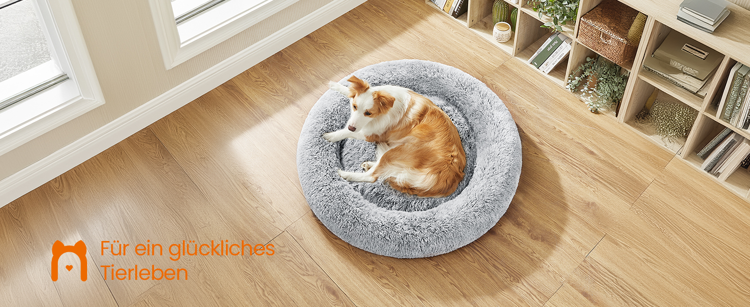 Кругле ліжко для собак та котів Feandrea Ombré Grey, 100 см, знімний м'який наповнювач, довгий плюш, 100 x 100 x 20 см