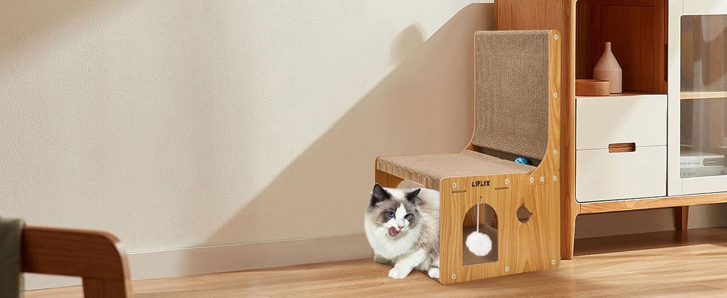 Крізь-дошка для котів LIFLIX L-подібної форми, 67 см, з будиночком для ігор та відпочинку, захист меблів