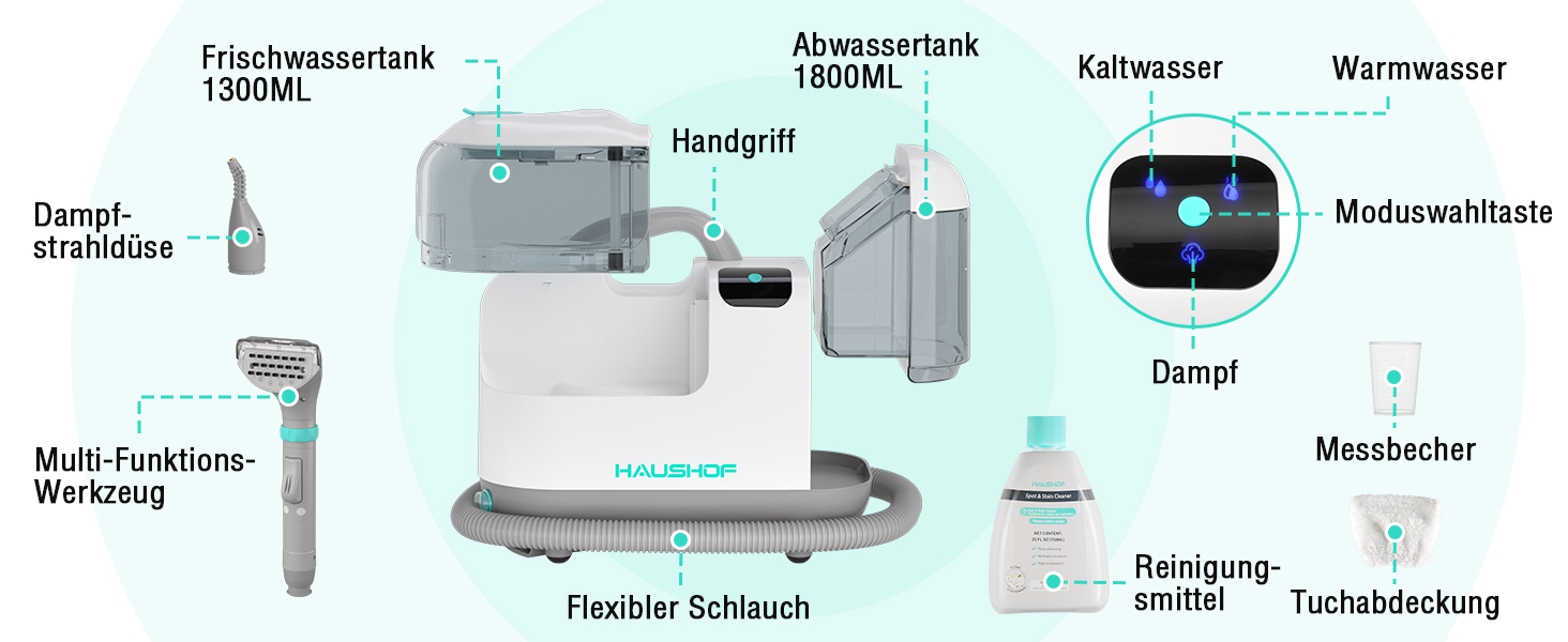 миюча пилосос з паровою функцією HAUSHOF StainZapper Vapo, для килимів, диванів, авто, з підігрівом води та високою температурою пари, з миючим засобом