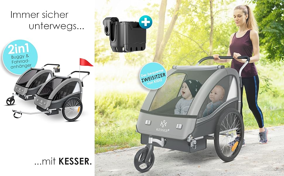 Дитячий велопричіп KESSER Sport-RX 2в1 (велосипедний/коляска) для 1-2 дітей, до 40 кг, з 5-точ. ременями безпеки, 360° обертання, тримач для напоїв та смартфона, сірий