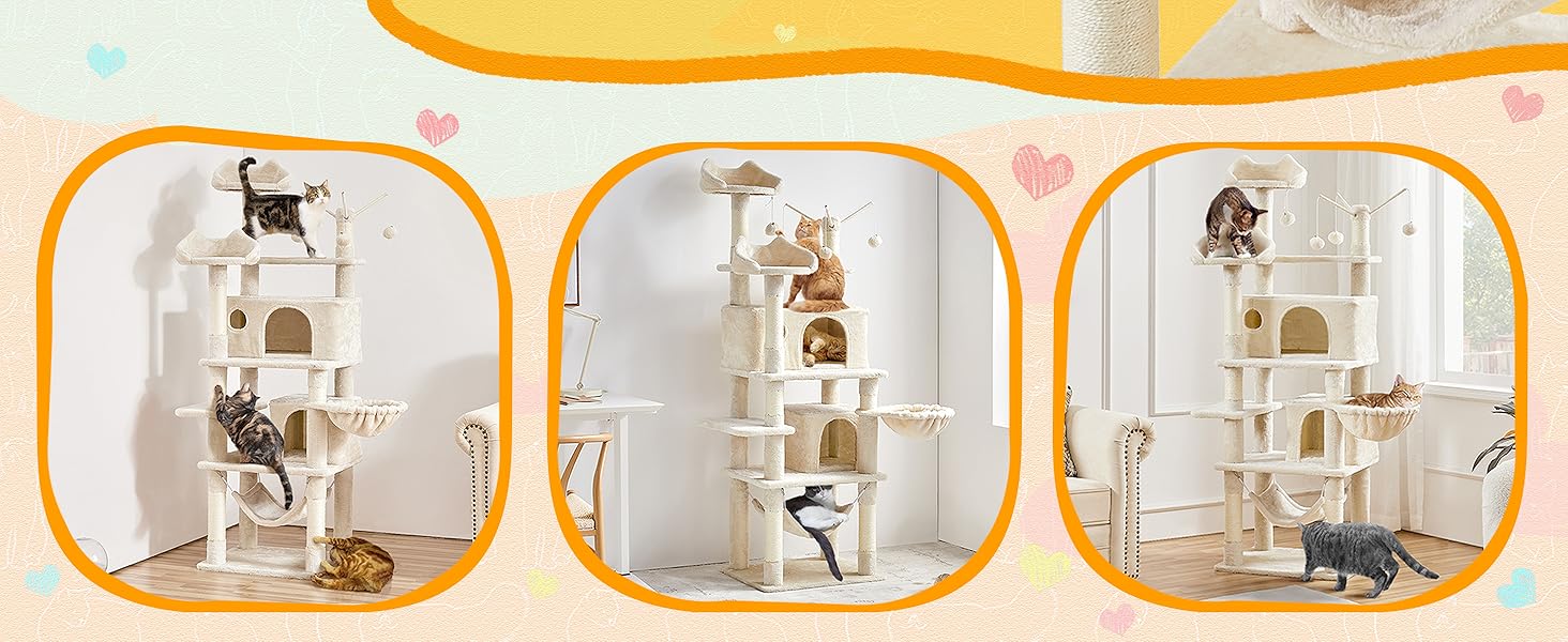 Котячий будиночок Yaheetech 170 см XL: кігтеточка, ліжко, гамак, іграшки, бежевий