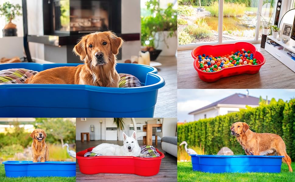 Стійкий басейн для собак DogsLand XXL 120x25x80 см, червоний, у формі кістки, для малих і великих порід, для саду та балкону, нейлоновий, міцний, стійкий до подряпин
