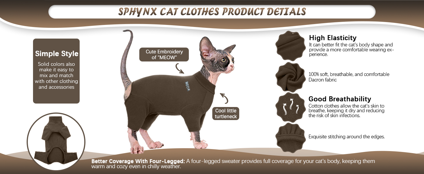 Одяг для котів, пуловер для Sphynx, Cornish Rex, Devon Rex, Peterbal (темно-коричневий, L)