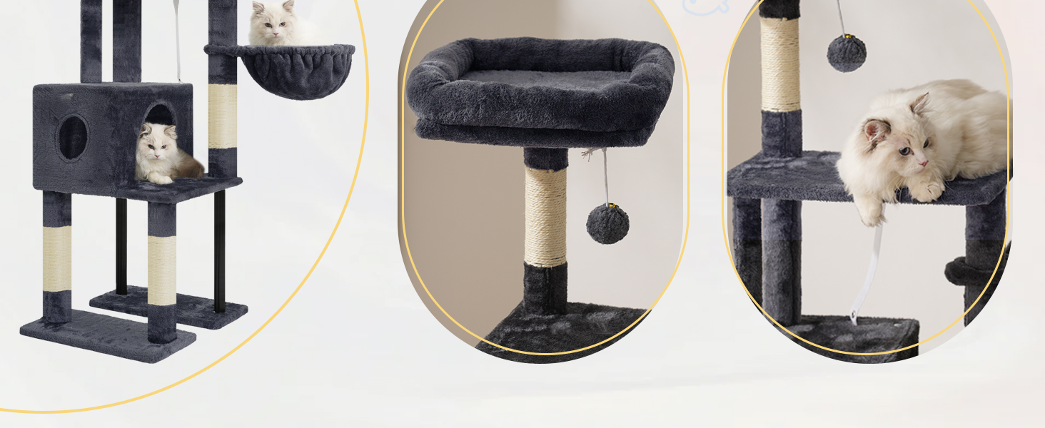 Котячий будиночок Heybly Kratzbaum HCT200SW: зручний когтетоп з будиночком, стійка конструкція, 125 см (димно-сірий)