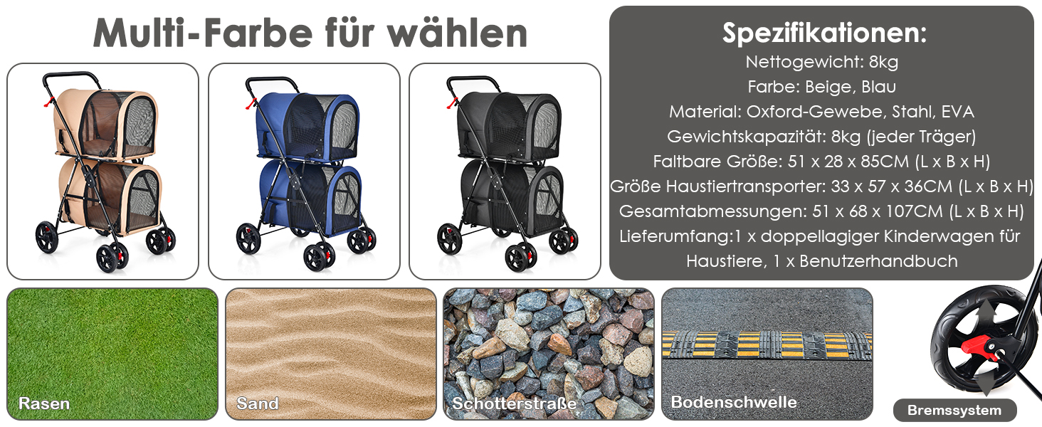 GYMAX Складаний візок для собак, буги для тварин з 2 знімними кишенями, візок для собак з передніми та задніми дверцятами, переноска для домашніх тварин з сітчастою тканиною та колесами з гальмами, переноска для собак та котів (Блакитний)