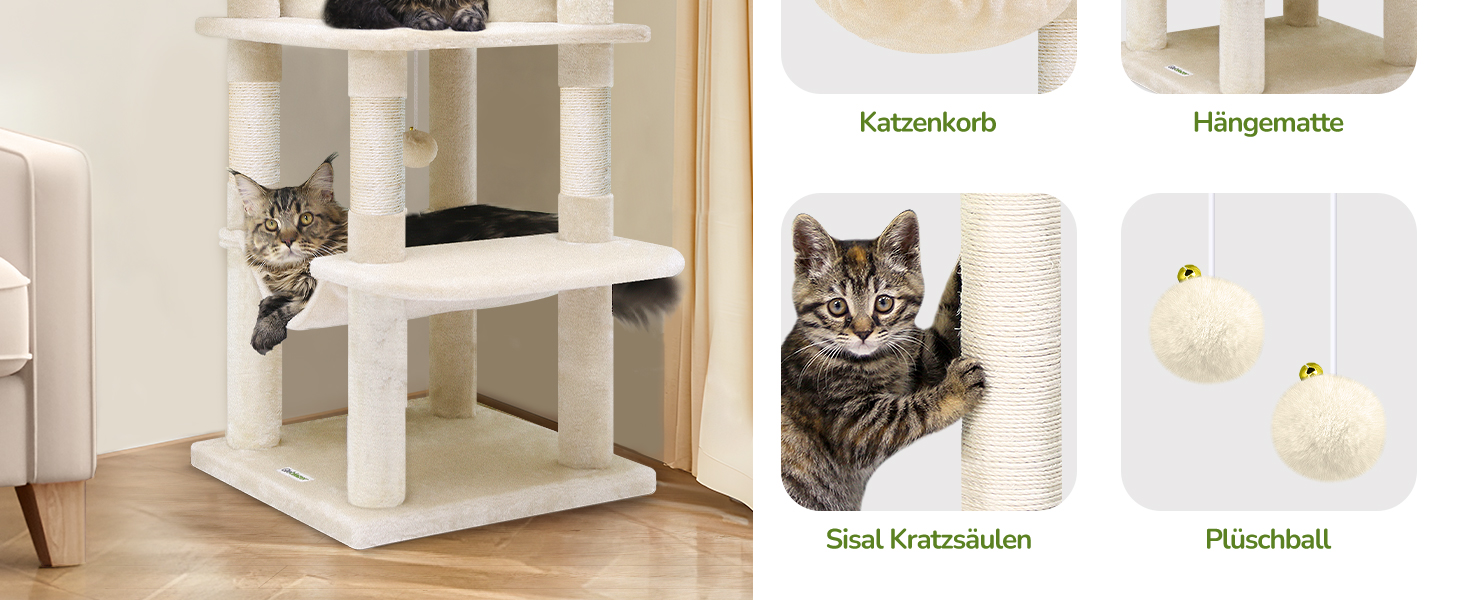 Котячий будиночок Globlazer з подряпуванням, великий, бежевий, 130 см. Стабільний кутовий котячий комплекс з будиночком, платформою, гамаком та м'яким кошиком для кількох котів.