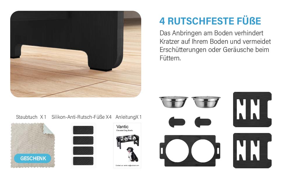Підвищений годівниця для собак Vantic з підставкою, регульована висота, миска для маленьких собак та котів, міцна годівниця з бамбука з 2 нержавіюними мисками та протиковзкими ніжками (чорний)