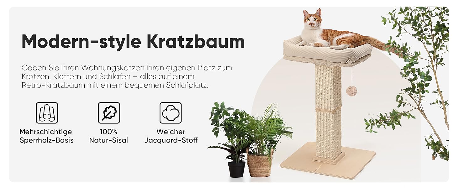 Котячий будиночок FUKUMARU з подряпуванням, 73 см, бежевий. Високий кігтетопор з платформою 46x36 см, з місцем для відпочинку, з натурального сизалю та масивного дерева.