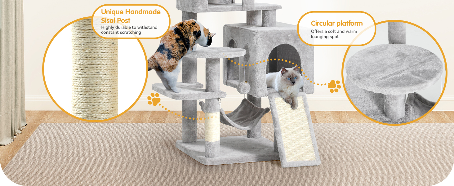 Кігтеточка YITAHOME XL, 137 см, з 2 сизалевими стовпцями, 1 платформою, 2 печерами, гамаком, іграшками-м'ячиками та кігтедробилкою. Ідеальний кімнатний комплекс для котів, сірий колір.