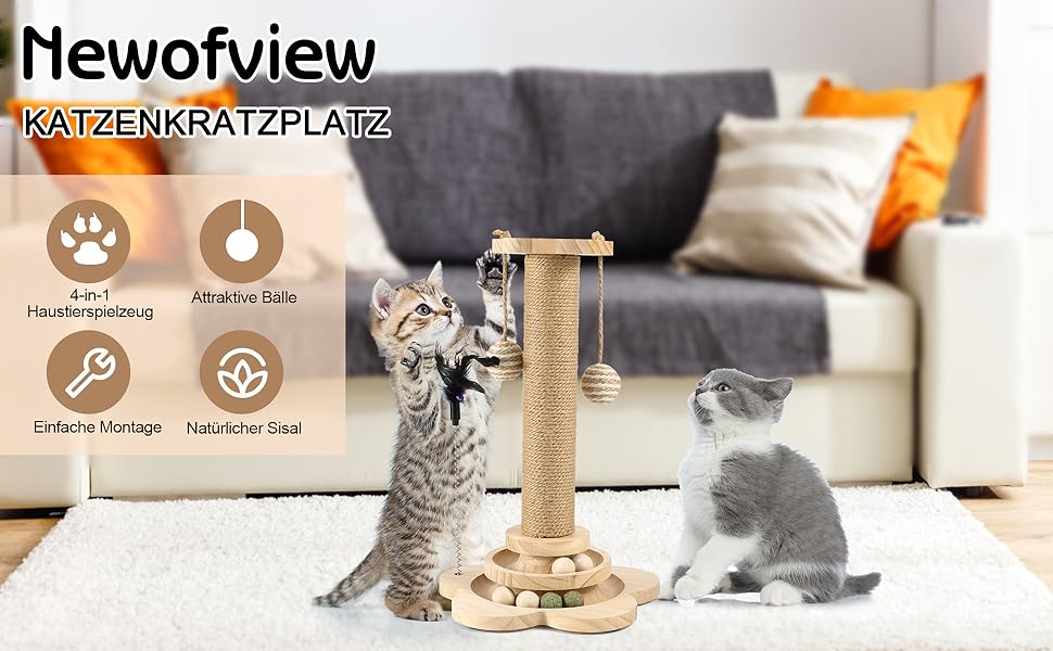 Котячий когтетоп Newofview: когтетоп-стійка 40 см з іграшками, м'ячиком, обертовим диском, пір'ям та мотузкою з сизалю
