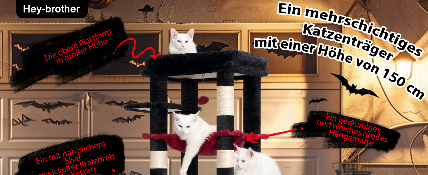 Котячий будиночок Hey-brother Kratzbaum: багатоярусний, 145 см, з лежаком, гамаком та кошиком (червоно-чорний)