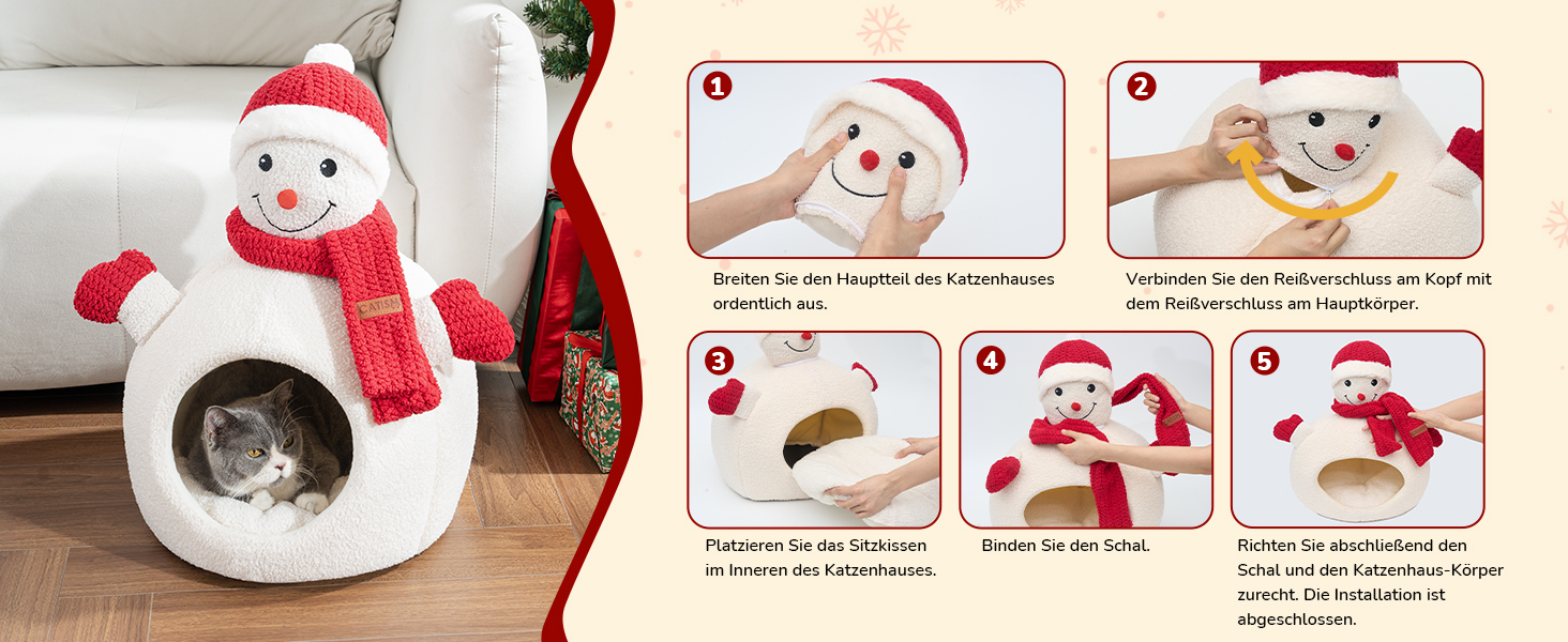 Кігтеточка-будиночок CATISM для котів на Новий Рік, 42x42x55 см, білий, з теплим килимком, знімний будиночок, антиковзаюча поверхня